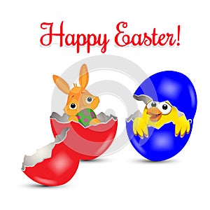 Easter illustration, little chicken and bunny, sitting in colored eggs on grass, cartoon on white background