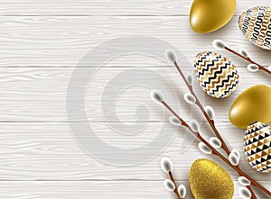 Easter illustration. Pussy-willow branches, paint decorated eggs