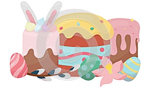 Easter illustration - traditional Easter cakes, painted eggs, willow and spring flowers, vector illustration in a flat style for a