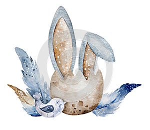 Easter Illustration In Watercolor: Eggshell With Easter Bunny Ears Peeking Out