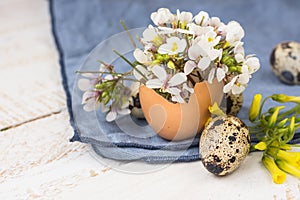 Easter interior decoration, bouquet of white flowers in eggshell, quail eggs, blue linen napkin