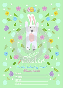 Easter invitations templates with eggs, flowers, floral frames, cute bunny and typographic design. Happy Easter Egg Hunt
