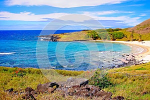 Easter Island, Rapa Nui, tropical beach and pacific ocean at coastline, Chile