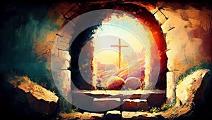 Easter Jesus Christ rose from the dead. Sunday morning. Dawn. The empty tomb in the background of the crucifixion. Happy