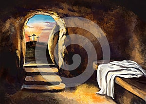 Easter Jesus Christ rose from the dead. Sunday morning. Dawn. The empty tomb in the background of the crucifixion. Happy