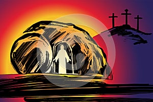 Easter Jesus Christ rose from the dead. Sunday morning. Dawn. The empty tomb in the background of the crucifixion photo