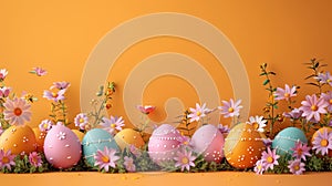 Easter Joy: Colorful Eggs and Blooms on Bright Orange Banner with Space for Text