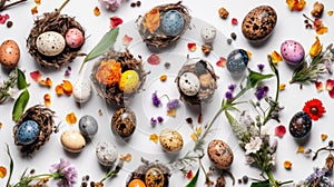 Easter Joy: Colorful Quail Eggs and Spring Blooms in a Bird\'s-eye View
