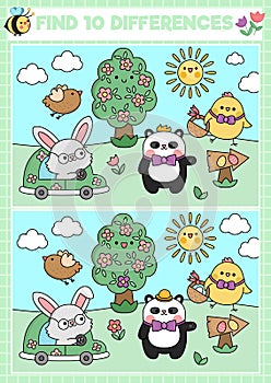 Easter kawaii find differences game for children. Attention skills activity with cute bunny and chick going on egg hunt. Spring