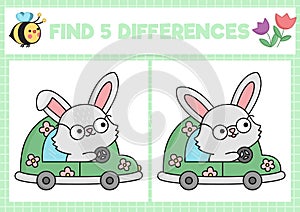 Easter kawaii find differences game for children. Attention skills activity with cute bunny driving green car. Spring holiday