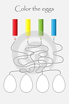 Easter labyrinth game, maze and coloring the eggs, preschool worksheet activity for kids, task for the development of logical