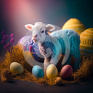 Easter lamb with decorated Easter eggs as a traditional holiday card background. Generative Ai
