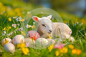 Easter Lamb and Decorated Eggs Amidst Spring Flowers in a Sunny Meadow.