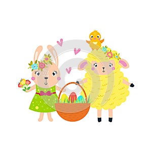 Easter lamb, rabbit chick carry a basket of eggs