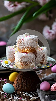 Easter lamingtons, coconut cakes on a beige background.