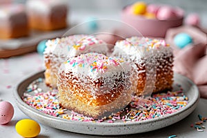 Easter lamingtons, coconut cakes on a blue background.