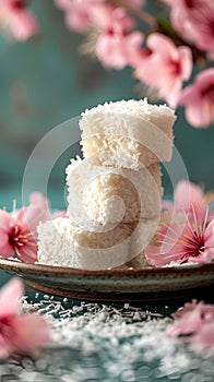 Easter lamingtons, coconut cakes on a blue background.