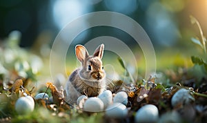 Easter landscape, bunny with colorful eggs and daisy flower on meadow under beautiful sky. Fresh green grass and spring