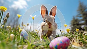 Easter landscape, bunny with colorful eggs and daisy flower on meadow under beautiful sky. Fresh green grass and spring