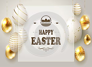 Easter light composition with eggs on pendants and a transparent frame with text,