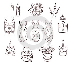 Easter line art spring collection. Outline set with Bunny rabbit, church, pie, cake. candle, basket with flowers and