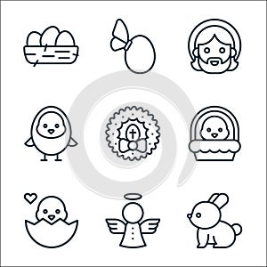 easter line icons. linear set. quality vector line set such as bunny, angel, chick, chick, wreath, chick, jesus, egg