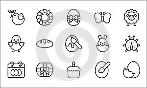 easter line icons. linear set. quality vector line set such as egg shell, cake, easter day, egg painting, gift box, chick, easter