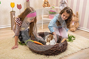 Easter - Little girls stroking the rabbits, the nest