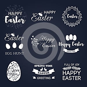 Easter logo vector spring wishes overlays, lettering labels retro happy holiday badges. Handdrawn emblem with egg ribbon