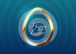 Easter luxury greeting card blue 3D egg shape golden abstract frame design. Happy Easter white text. Vector design blue wave