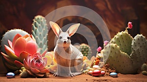 Easter Macrotis or Bilbies. rabbit-bandicoot in Desert Among Easter Colored Hen Eggs and