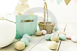 Easter! Many colorful Easter eggs with bunnies and baskets! decoration of the room, children's room for games. Basket