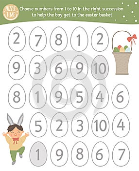 Easter math game with cute characters. Spring mathematic maze activity for preschool children.