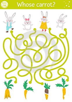 Easter maze for children with bunny family and carrots. Holiday preschool printable educational activity with rabbits and