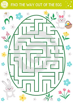 Easter maze for children with cute bunnies in egg shape. Holiday preschool printable activity. Funny spring garden game or puzzle