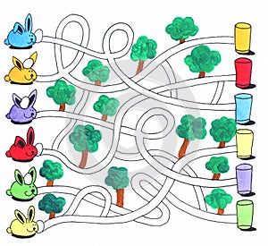 Easter maze game or activity page for kids: Bunnies and eggs