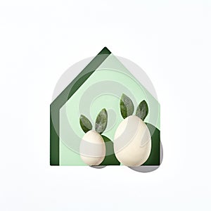 Easter minimal background with house silhouette and eggs. Sunshine with harsh shadow. Happy easter 2021 creative concept. Flat lay