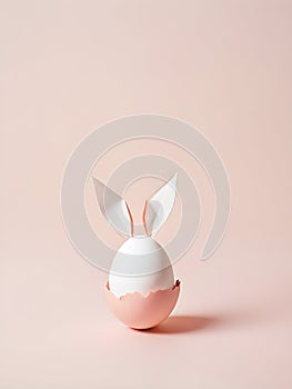 Easter minimal concept. Easter egg with bunny paper ears. Pastel pink background. Top view, flat lay, copy spacerated image