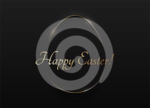 Easter minimalist greeting card black soft 3D egg shape abstract frame gold line design. Happy Easter golden text. Vector design