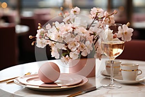 Easter table setting with egg, spring blossom flowers. Generative AI