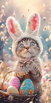 Easter morning brought to life by a cat in bunny ears.