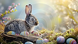 Easter Morning: Bunny in a wicker basket Amidst Spring Blooms