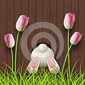 Easter motive, bunny bottom, pink tulips and fresh grass on dark brown wooden background, illustration