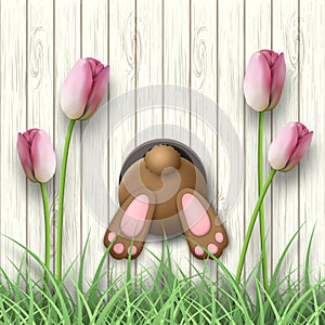 Easter motive, bunny bottom, pink tulips and fresh grass on white wooden background, illustration