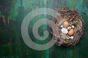 Easter nest of birch twigs and moss with chicken and quail eggs on green wooden background