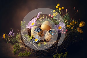 Easter nest with easter eggs, generative ai