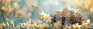 Easter Nest with White and Yellow Eggs & Daffodils - Holiday Greeting Card or Celebration Banner