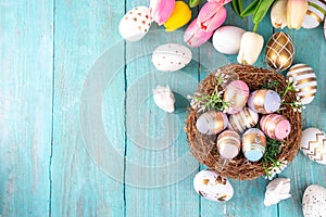 Easter nests and eggs background