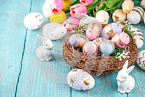 Easter nests and eggs background