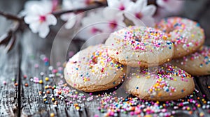 easter oatmeal cookies sprinkled with colored crumbs on a wooden table with blooming white flowers